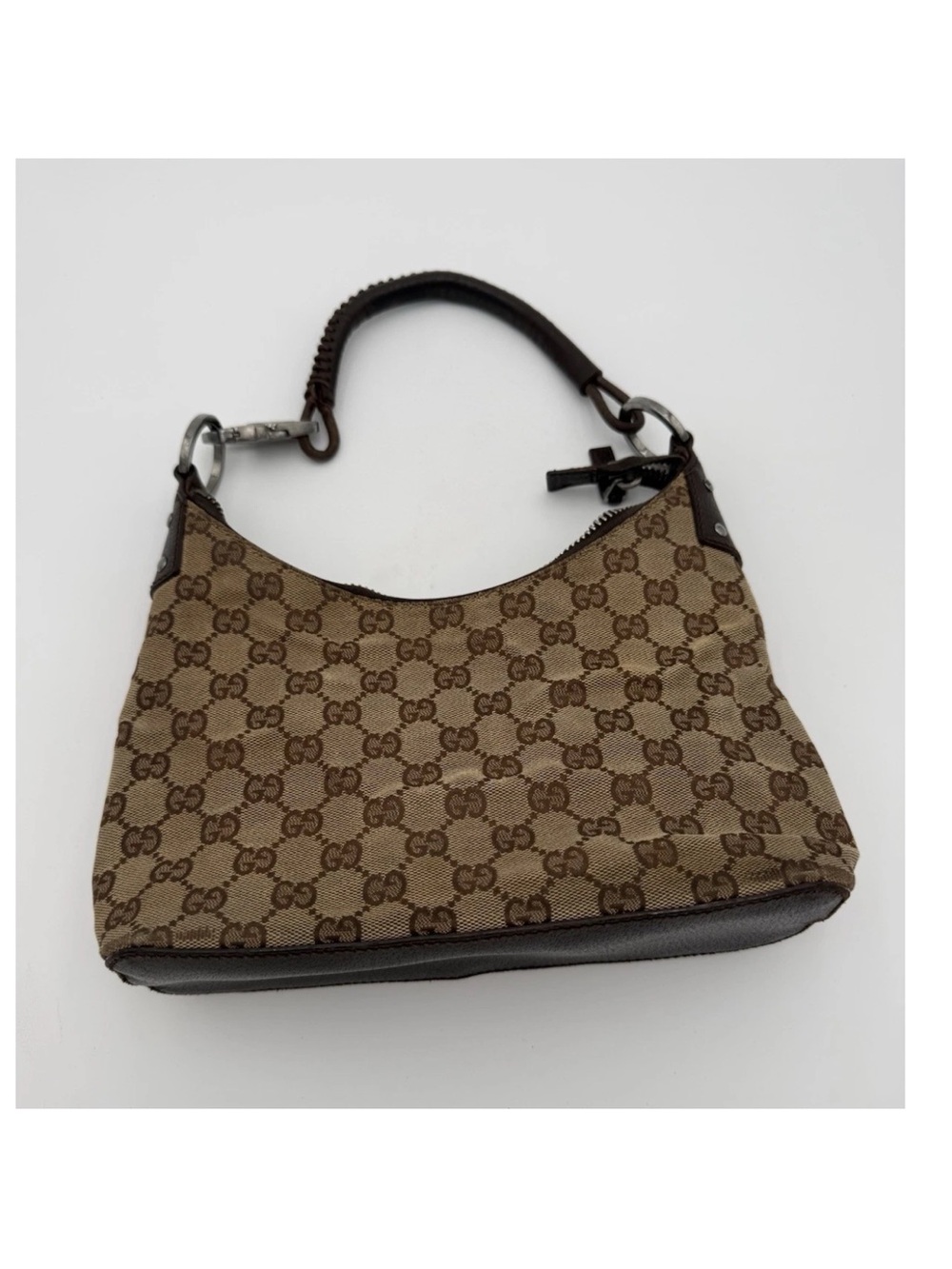 Gucci Brown GG Canvas Mini Hobo Bag top handle logo silver hardware